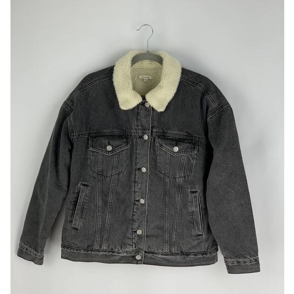 PacSun Sherpa Lined Denim Jean Jacket Womens Size Medium Large Black Moonstone - Picture 1 of 8